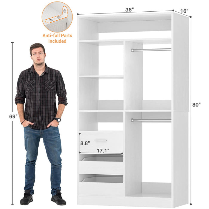 36'' Walk in Closet System with 3 Drawers, Hanging Rod & Storage Shelves, for Bedroom & Closets