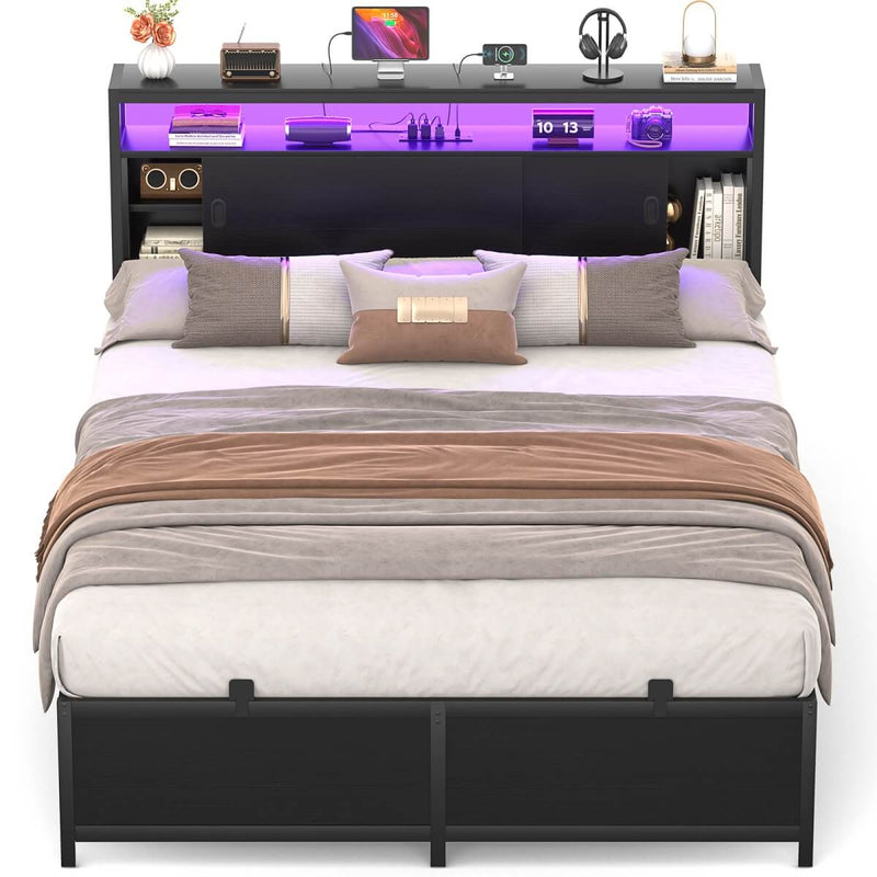Full Size Bed Frame - Storage Headboard with Sliding Doors, Power Outlets & LED Lights