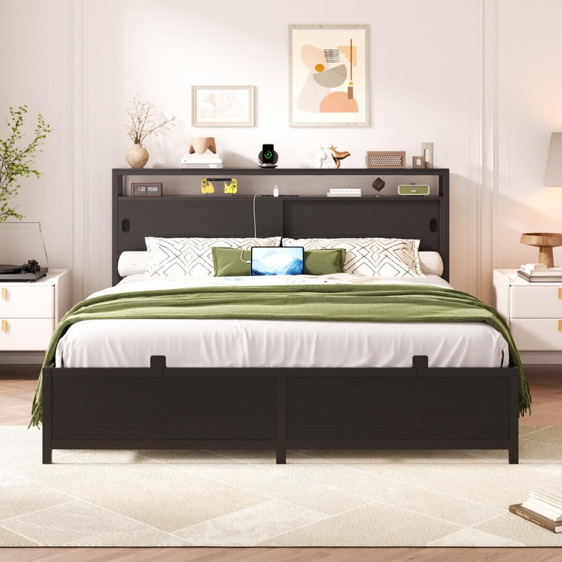 Full Size Bed Frame - Storage Headboard with Sliding Doors, Power Outlets & LED Lights