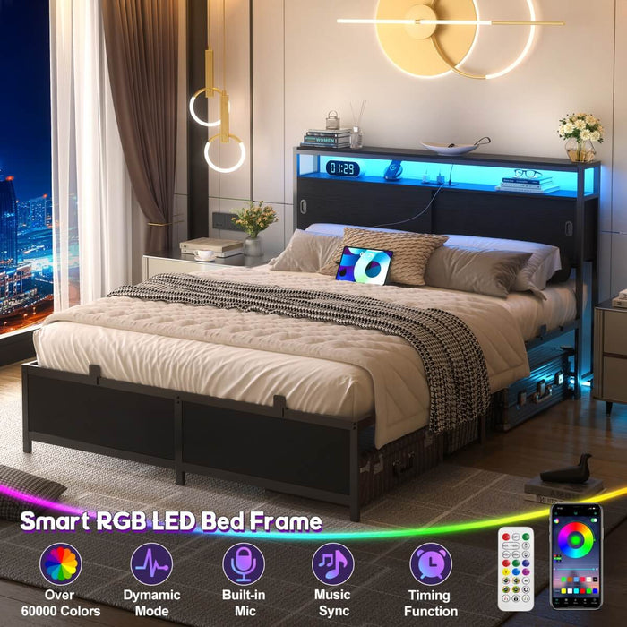 Full Size Bed Frame - Storage Headboard with Sliding Doors, Power Outlets & LED Lights