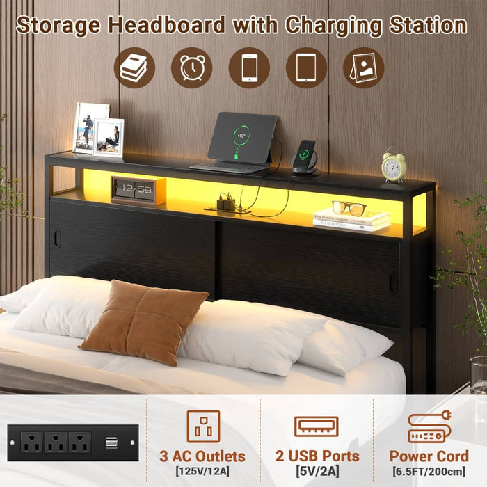 Full Size Bed Frame - Storage Headboard with Sliding Doors, Power Outlets & LED Lights