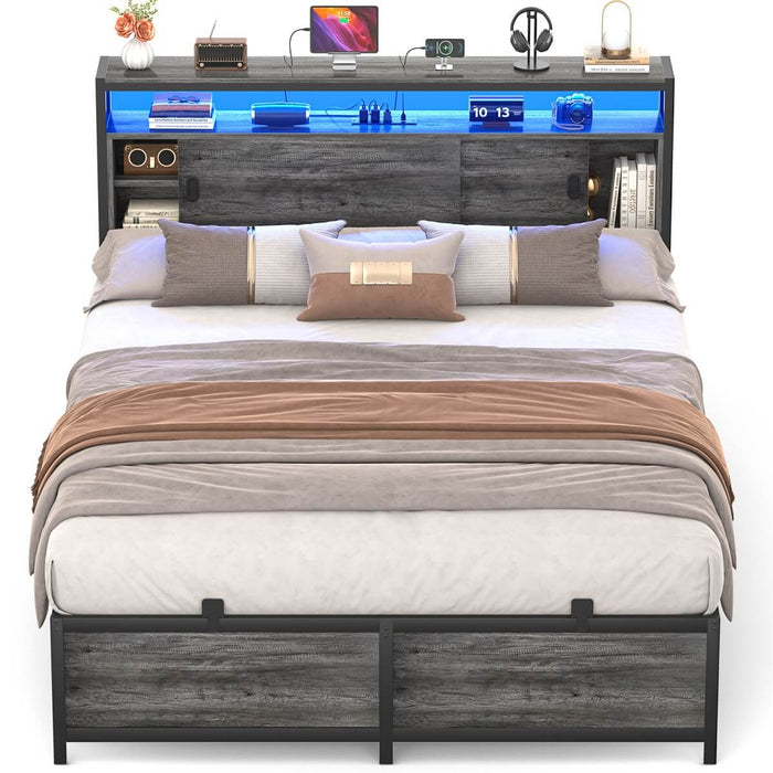 Full Size Bed Frame - Storage Headboard with Sliding Doors, Power Outlets & LED Lights
