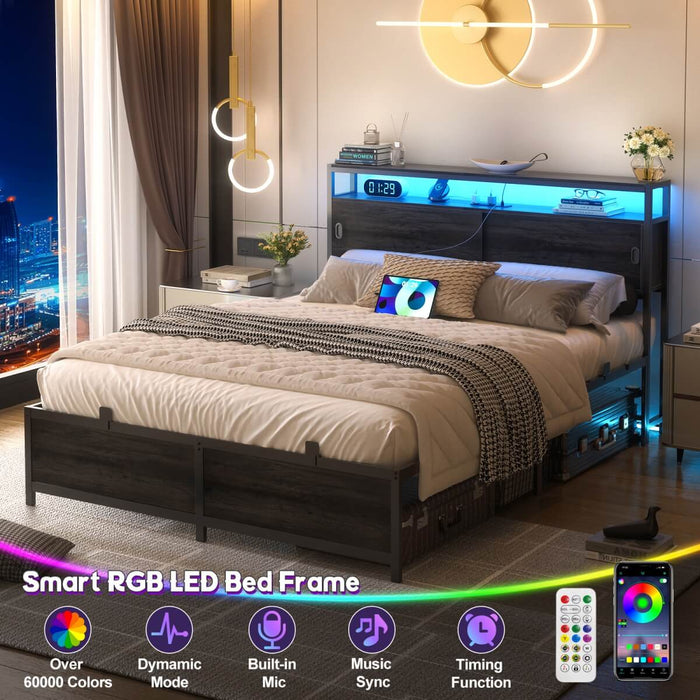 Full Size Bed Frame - Storage Headboard with Sliding Doors, Power Outlets & LED Lights