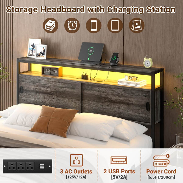 Full Size Bed Frame - Storage Headboard with Sliding Doors, Power Outlets & LED Lights