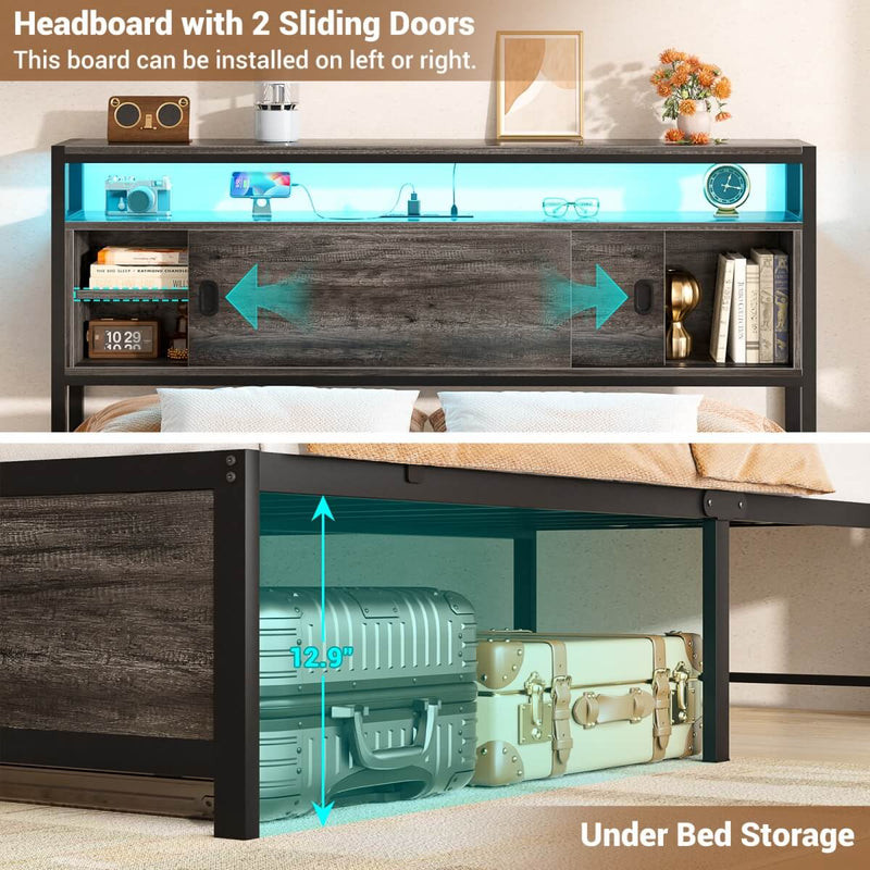Full Size Bed Frame - Storage Headboard with Sliding Doors, Power Outlets & LED Lights