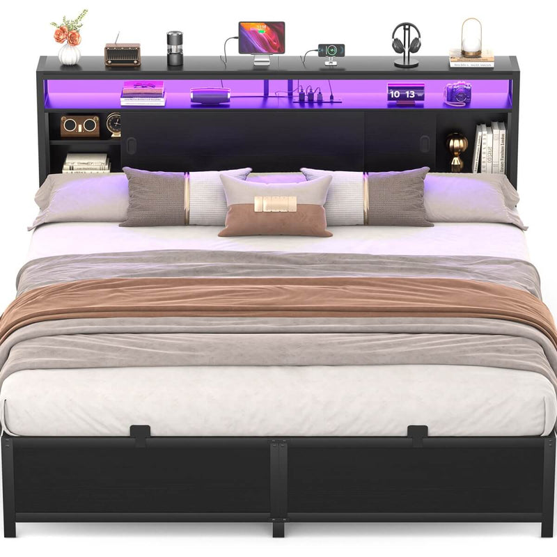 King Size Bed Frame - Storage Headboard with Sliding Doors, Power Outlets & LED Lights