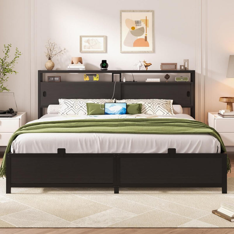 King Size Bed Frame - Storage Headboard with Sliding Doors, Power Outlets & LED Lights