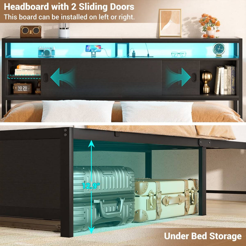 King Size Bed Frame - Storage Headboard with Sliding Doors, Power Outlets & LED Lights