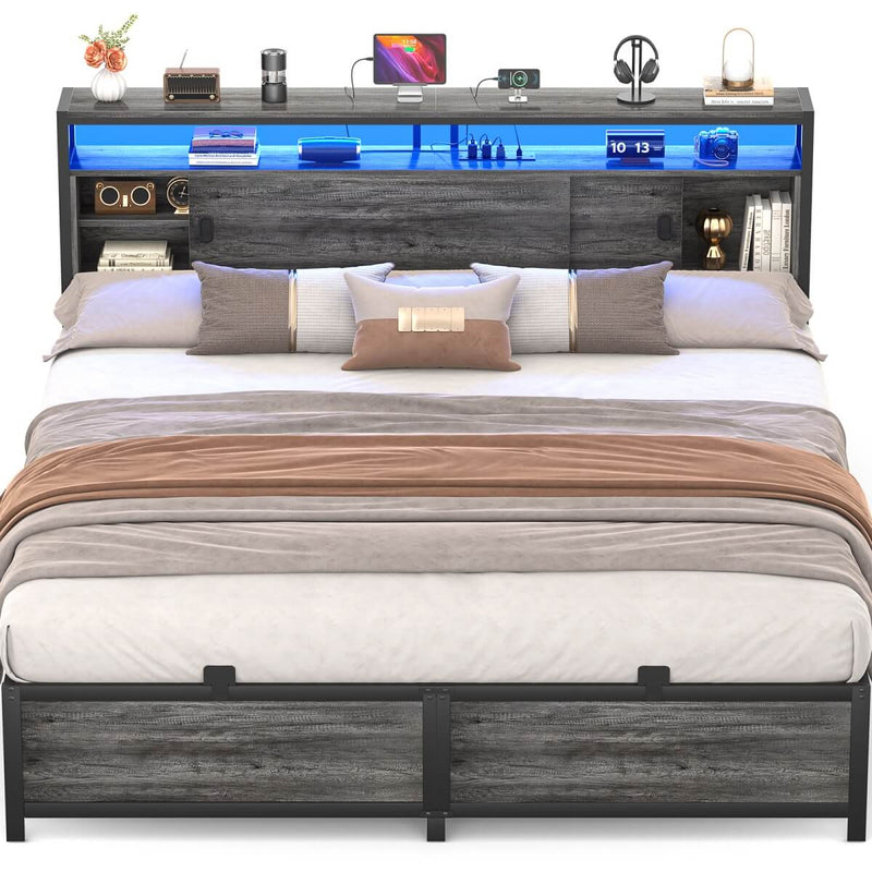 King Size Bed Frame - Storage Headboard with Sliding Doors, Power Outlets & LED Lights