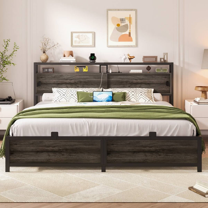 King Size Bed Frame - Storage Headboard with Sliding Doors, Power Outlets & LED Lights