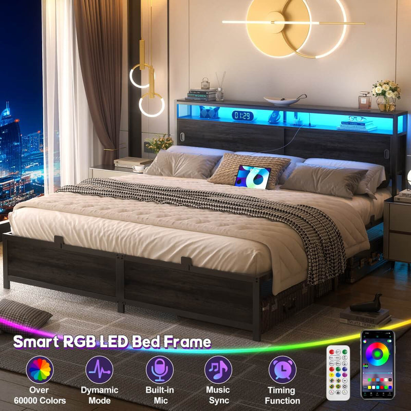 King Size Bed Frame - Storage Headboard with Sliding Doors, Power Outlets & LED Lights
