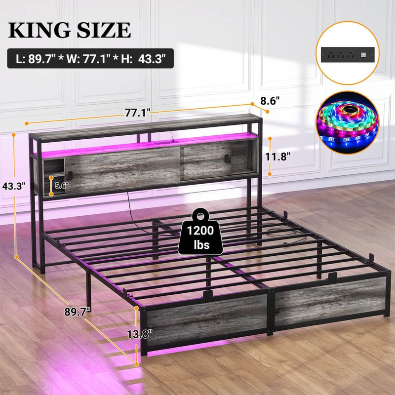 King Size Bed Frame - Storage Headboard with Sliding Doors, Power Outlets & LED Lights