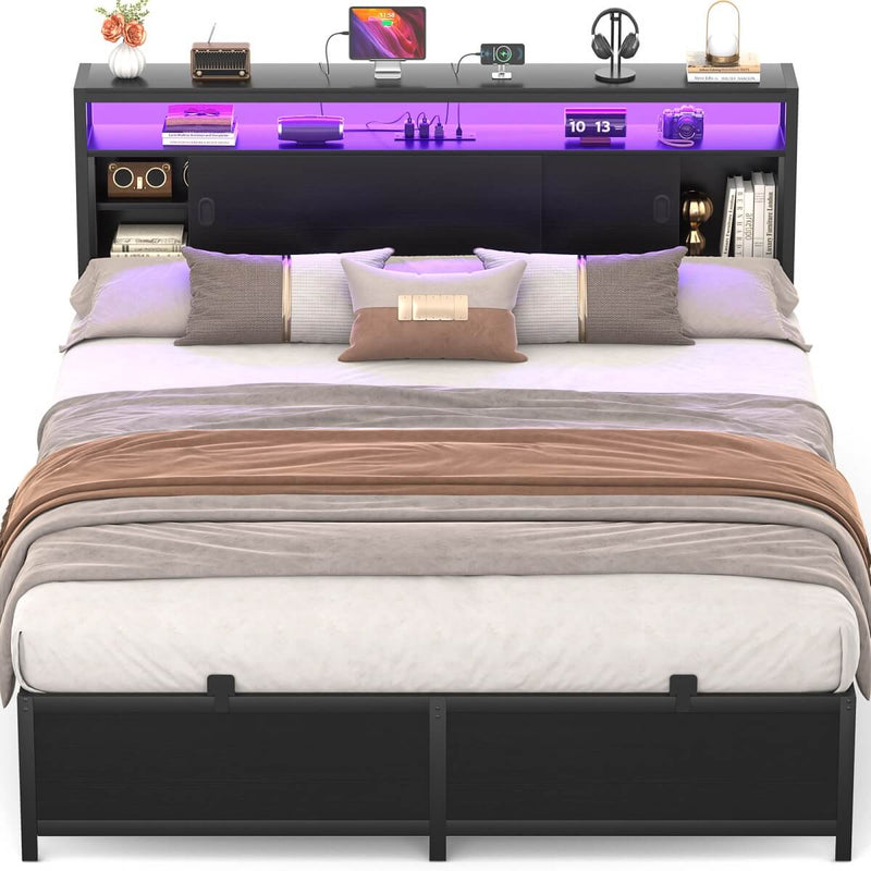Queen Size Bed Frame - Storage Headboard with Sliding Doors, Power Outlets & LED Lights