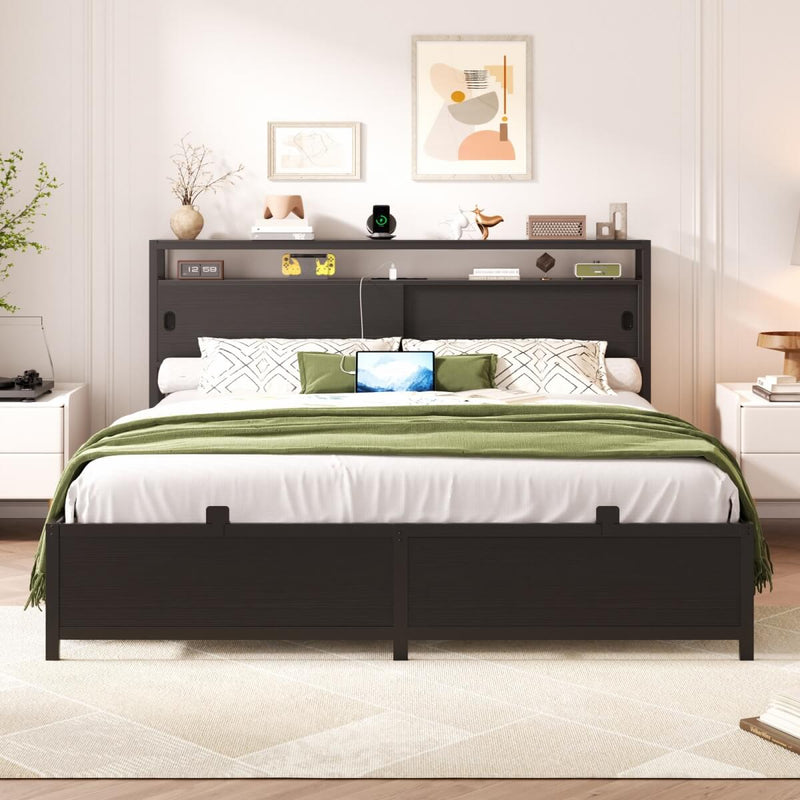 Queen Size Bed Frame - Storage Headboard with Sliding Doors, Power Outlets & LED Lights