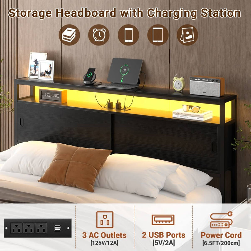 Queen Size Bed Frame - Storage Headboard with Sliding Doors, Power Outlets & LED Lights