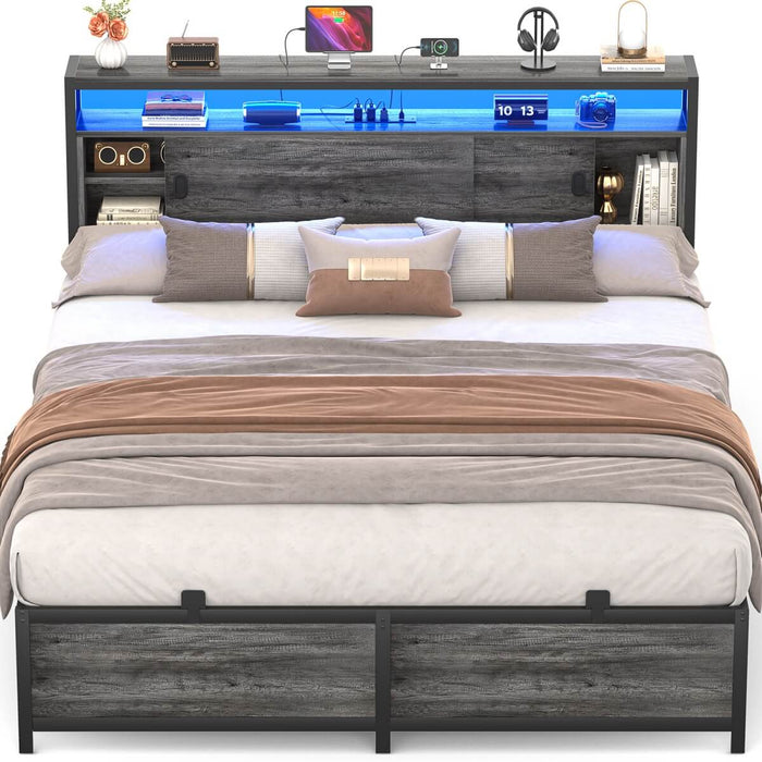 Queen Size Bed Frame - Storage Headboard with Sliding Doors, Power Outlets & LED Lights