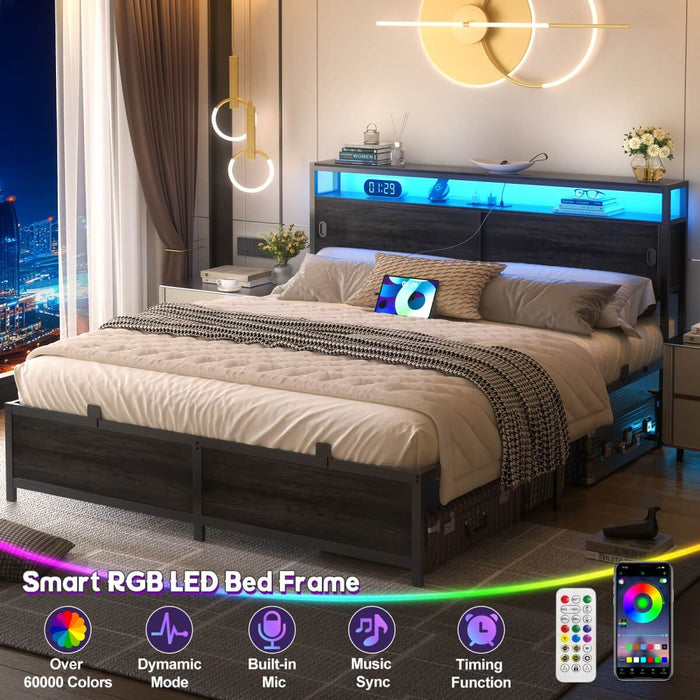 Queen Size Bed Frame - Storage Headboard with Sliding Doors, Power Outlets & LED Lights