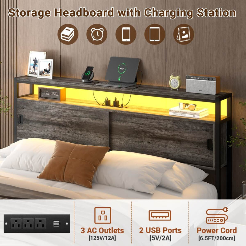 Queen Size Bed Frame - Storage Headboard with Sliding Doors, Power Outlets & LED Lights