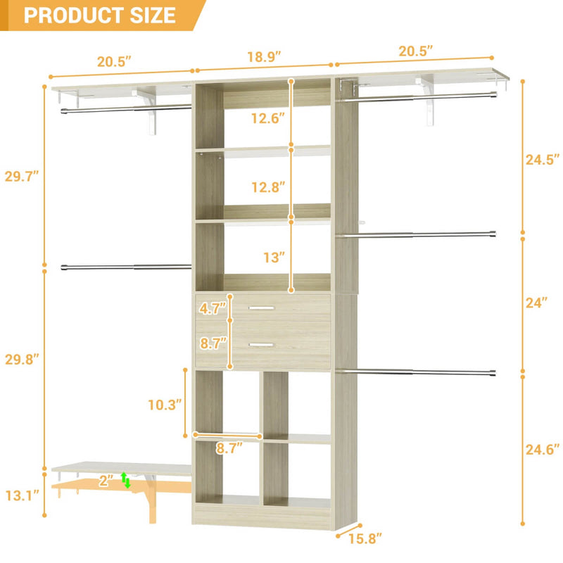 5FT Closet Organizer System with Wooden Drawers