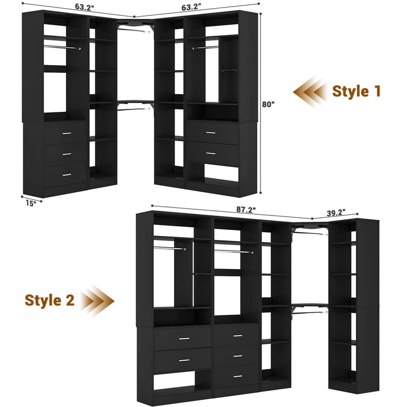 63.2'' Walk-in Freestanding Closet System with 3 Sets, with 5 Drawers & 4 Hanging Rods