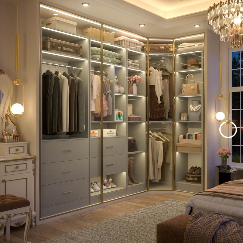 63.2'' Walk-in Freestanding Closet System with 3 Sets, with 5 Drawers & 4 Hanging Rods