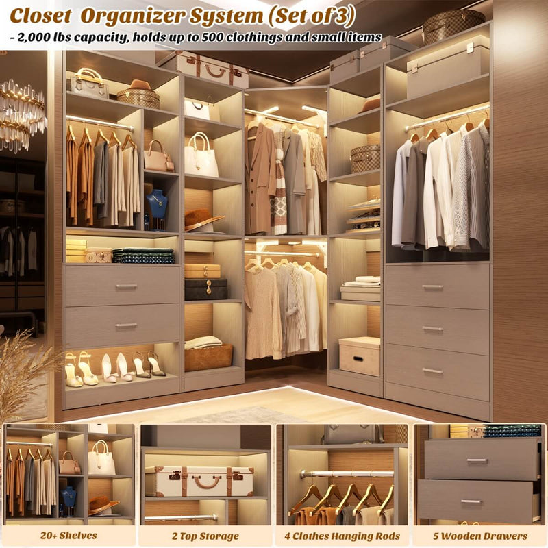 63.2'' Walk-in Freestanding Closet System with 3 Sets, with 5 Drawers & 4 Hanging Rods