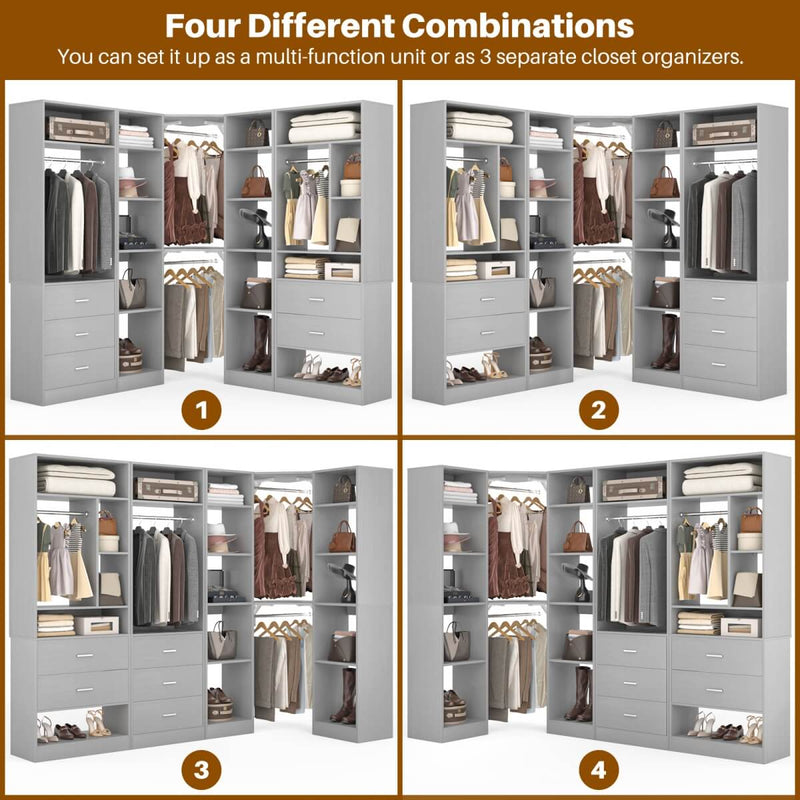 63.2'' Walk-in Freestanding Closet System with 3 Sets, with 5 Drawers & 4 Hanging Rods