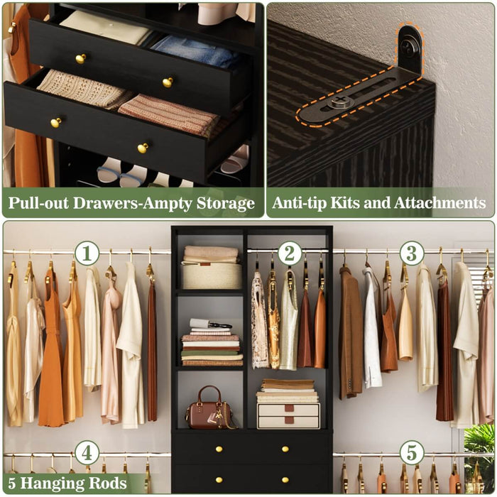 4.2 - 8.8 FT Adjustable Closet System with Drawers, Hanging Rods, and Shelves