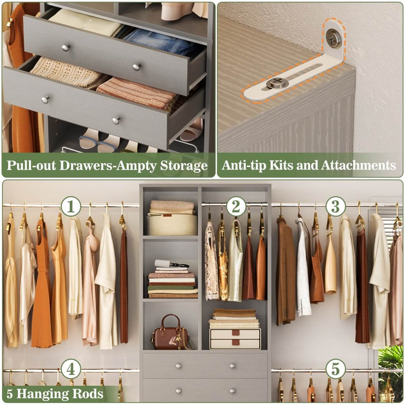 4.2 - 8.8 FT Adjustable Closet System with Drawers, Hanging Rods, and Shelves
