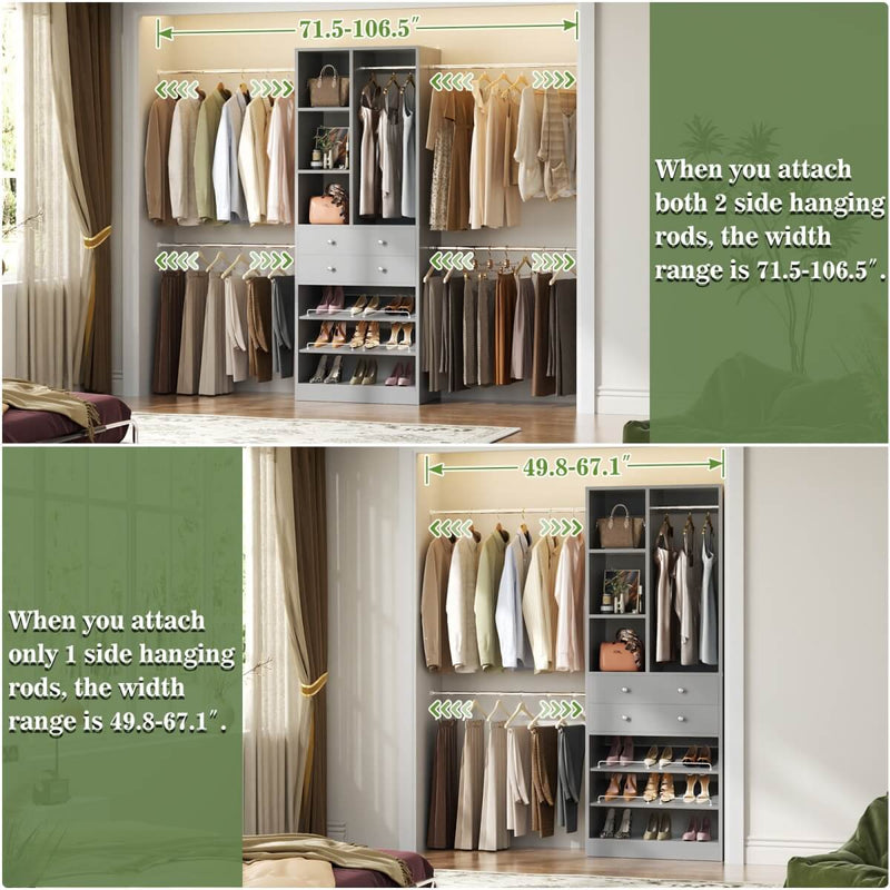 4.2 - 8.8 FT Adjustable Closet System with Drawers, Hanging Rods, and Shelves