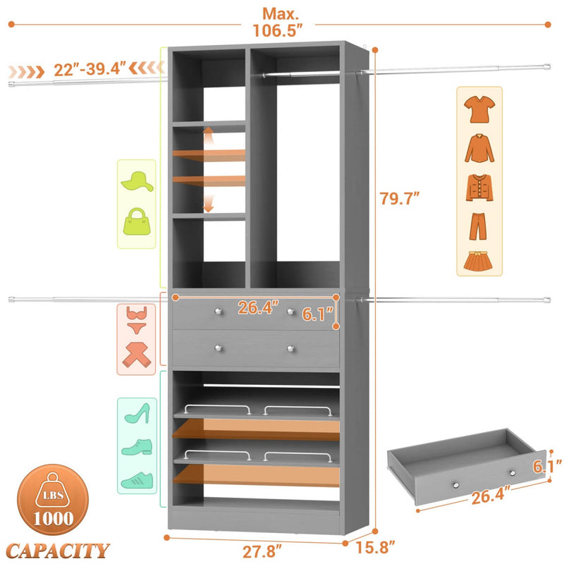 4.2 - 8.8 FT Adjustable Closet System with Drawers, Hanging Rods, and Shelves