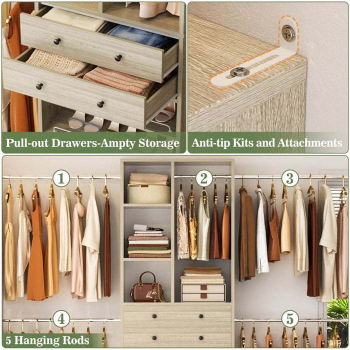 4.2 - 8.8 FT Adjustable Closet System with Drawers, Hanging Rods, and Shelves