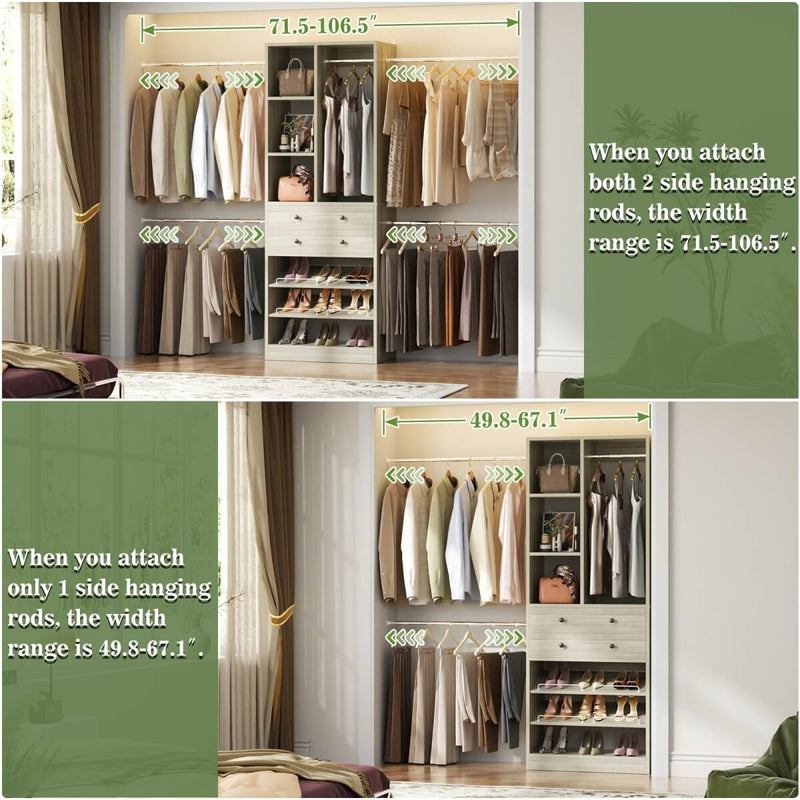 4.2 - 8.8 FT Adjustable Closet System with Drawers, Hanging Rods, and Shelves