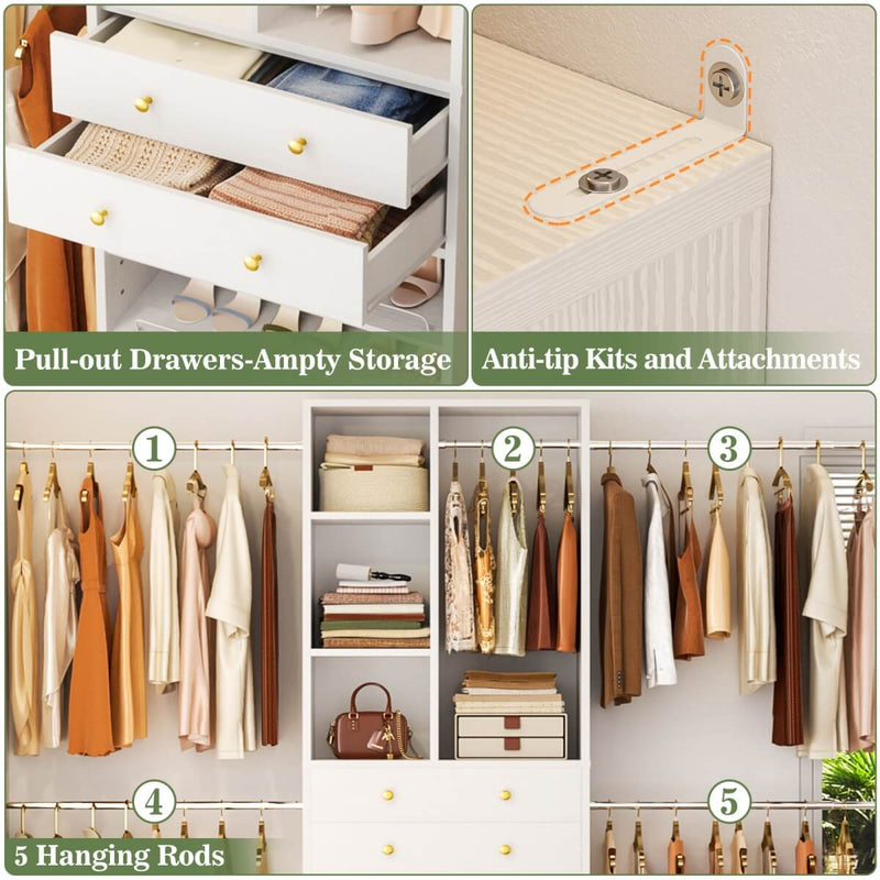 4.2 - 8.8 FT Adjustable Closet System with Drawers, Hanging Rods, and Shelves