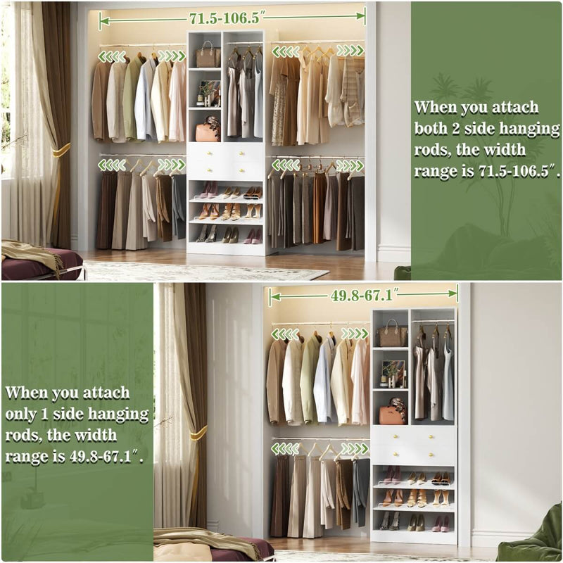 4.2 - 8.8 FT Adjustable Closet System with Drawers, Hanging Rods, and Shelves