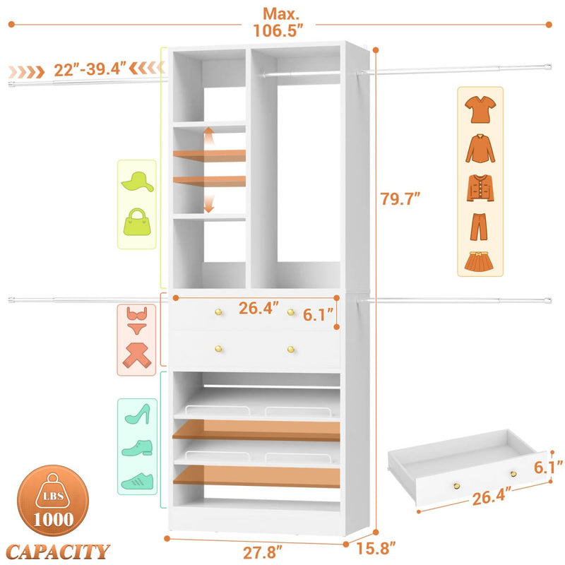 4.2 - 8.8 FT Adjustable Closet System with Drawers, Hanging Rods, and Shelves