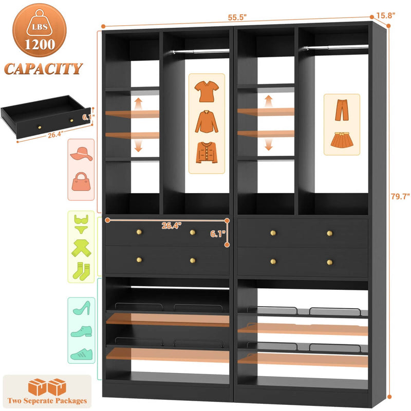 55.5"/4.6 FT Closet Organizer System with Drawers and Shelves