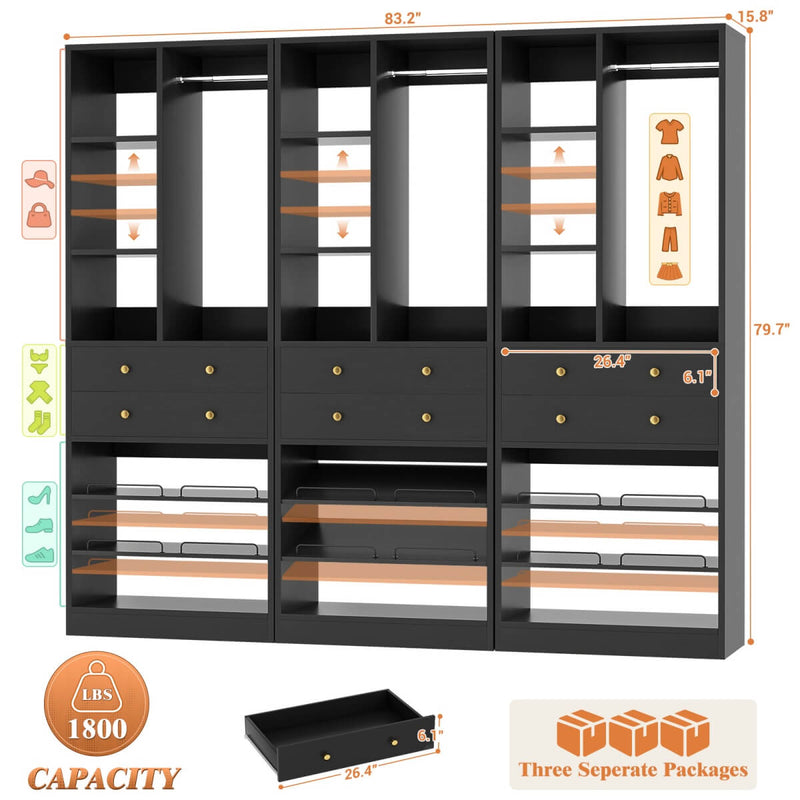 84"/7 FT Closet Organizer System with Drawers and Shelves