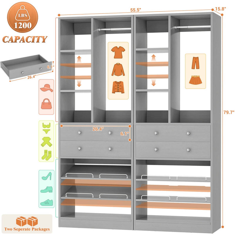 55.5"/4.6 FT Closet Organizer System with Drawers and Shelves