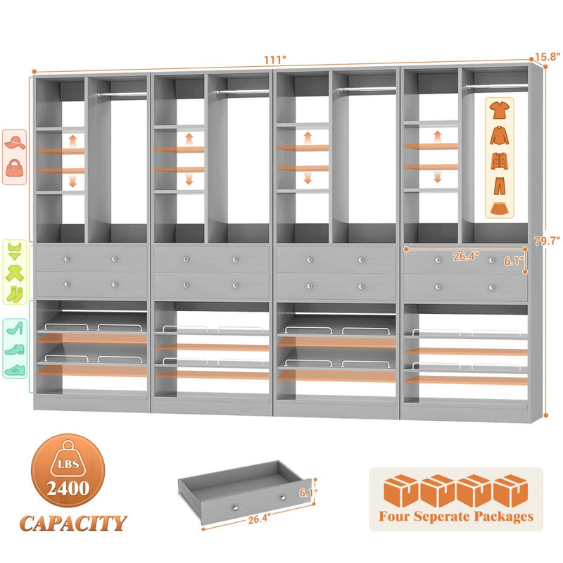 112"/9.3 FT Closet Organizer System with 8 Drawers and Shelves