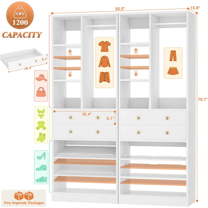 55.5"/4.6 FT Closet Organizer System with Drawers and Shelves