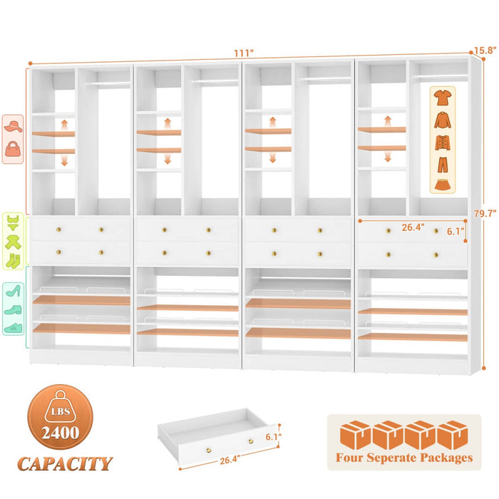 112"/9.3 FT Closet Organizer System with 8 Drawers and Shelves