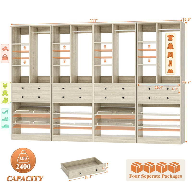 112"/9.3 FT Closet Organizer System with 8 Drawers and Shelves