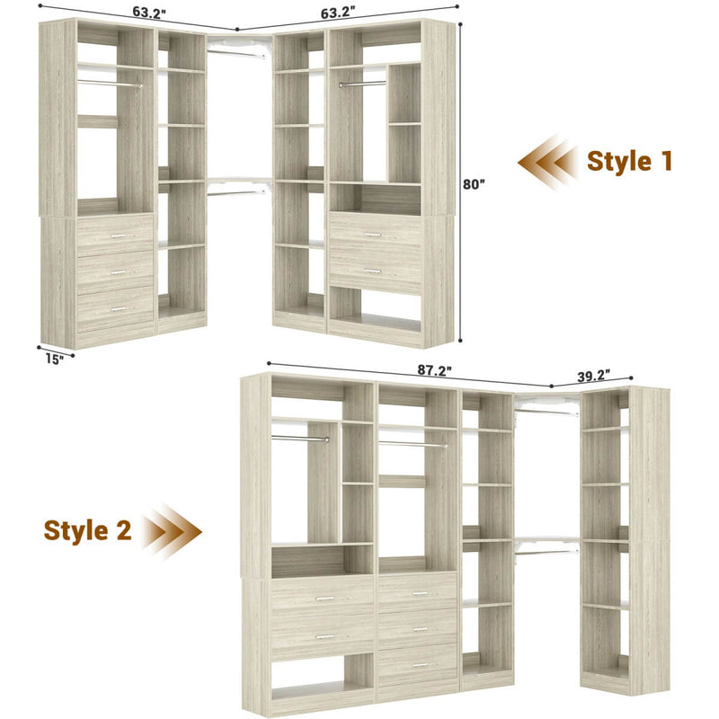 63.2'' Walk-in Freestanding Closet System with 3 Sets, with 5 Drawers & 4 Hanging Rods