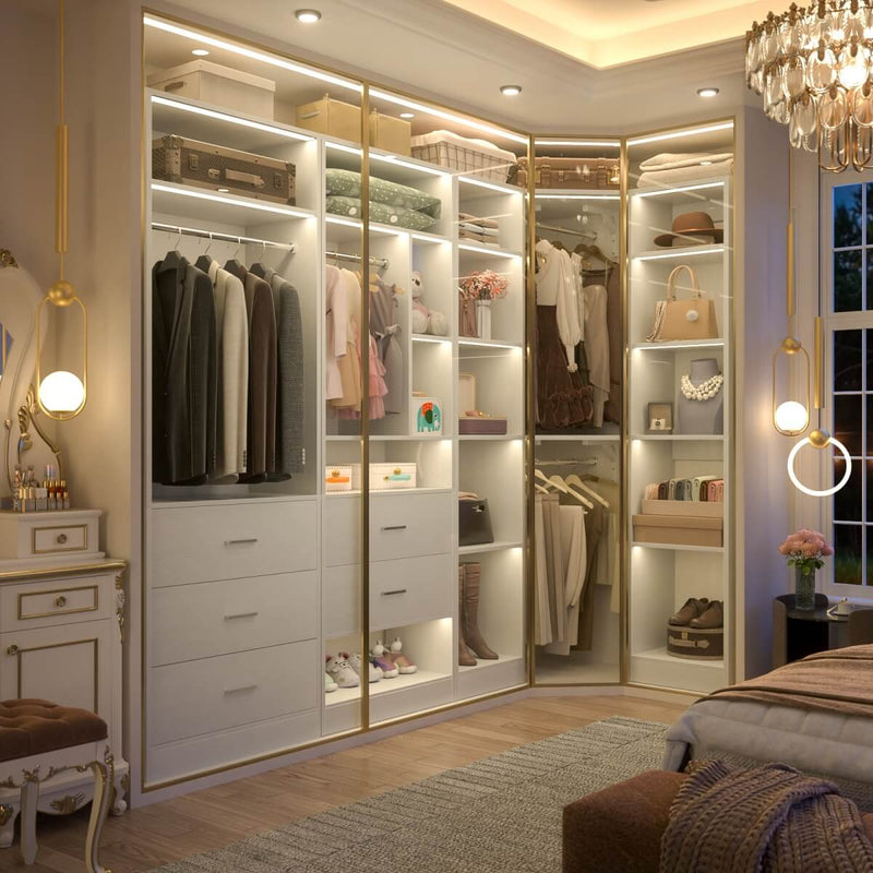 63.2'' Walk-in Freestanding Closet System with 3 Sets, with 5 Drawers & 4 Hanging Rods