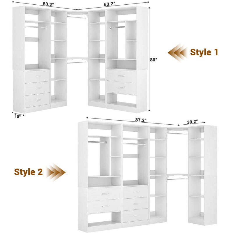 63.2'' Walk-in Freestanding Closet System with 3 Sets, with 5 Drawers & 4 Hanging Rods