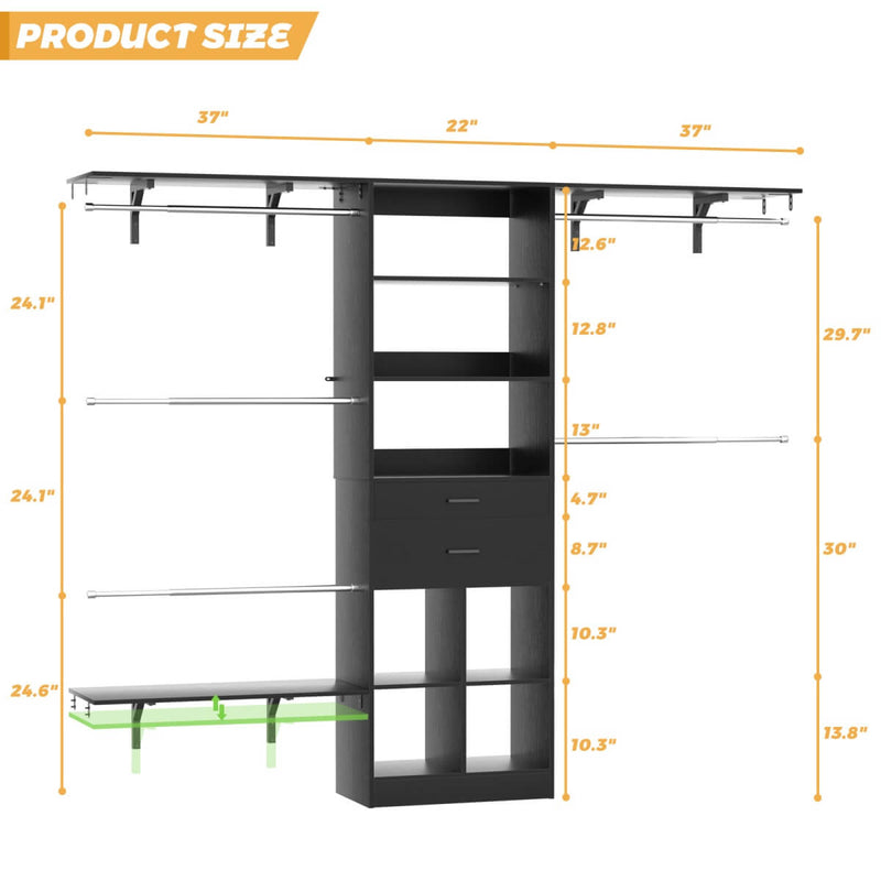 8FT Closet Organizer System with Wooden Drawers and Shelf Towers