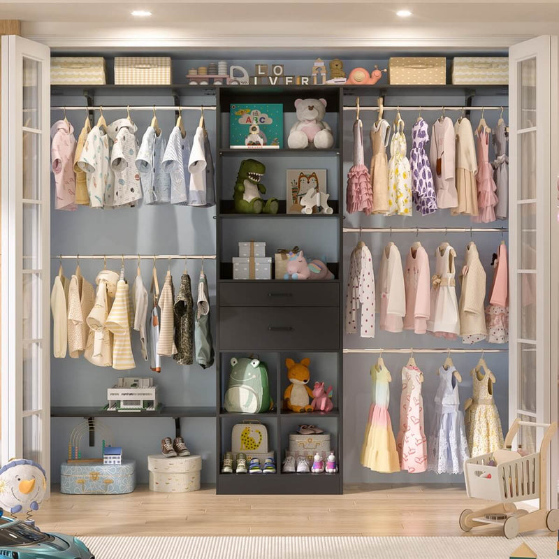 8FT Closet Organizer System with Wooden Drawers and Shelf Towers