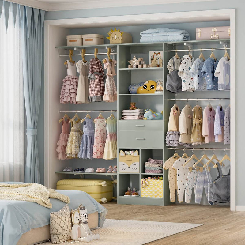8FT Closet Organizer System with Wooden Drawers and Shelf Towers