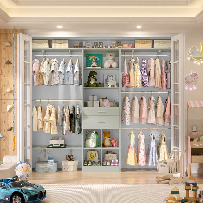 8FT Closet Organizer System with Wooden Drawers and Shelf Towers